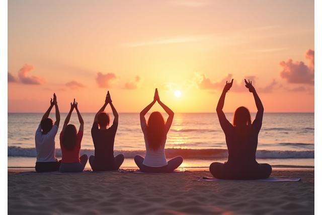 고요한 해변에서 요가하는 사람들